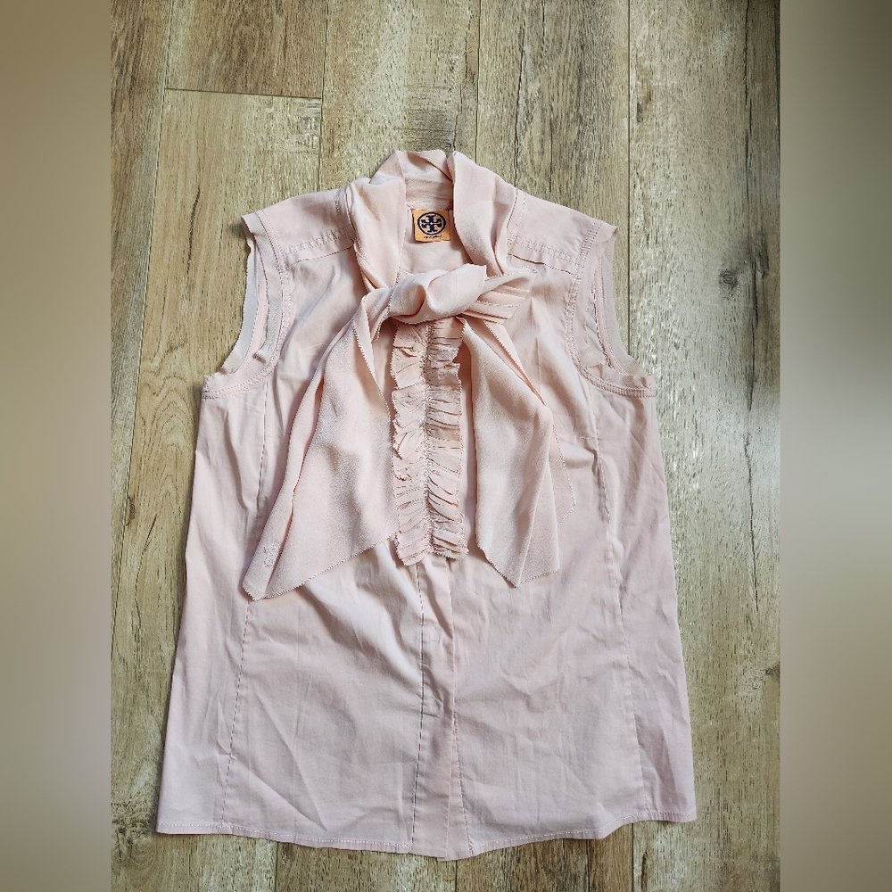 Tory Burch Tie-Neck Ruffle Front Sleeveless Peach Button Up Silk Tank Top Size 8